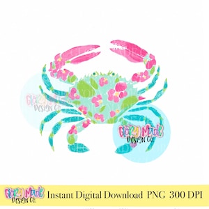 Preppy Crab PNG, Coastal Crab Clipart, Pink Floral Crab PNG, Beach Summer Clipart, Southern Crab Design, Ocean Clipart, Instant Download