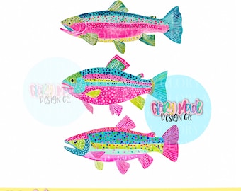 Paquete de imágenes PNG de trucha arcoíris estilo preppy, imágenes prediseñadas de peces brillantes, imágenes PNG de pesca colorida, diseño costero preppy, diseño de camiseta de sublimación, descarga instantánea
