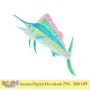 May include: Watercolor illustration of a marlin fish in shades of blue, green, and pink. The fish has a long, pointed bill and a large dorsal fin. The design is a digital download.