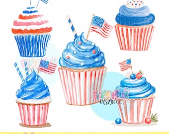 Paquete de imágenes PNG de cupcakes patrióticos / Imágenes prediseñadas del 4 de julio / Imágenes PNG de postres patrióticos en acuarela / Diseño de sublimación rojo, blanco y azul / Independencia