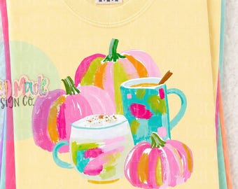 Calabaza rosa estilo preppy PNG / Imágenes prediseñadas de café otoñal colorido / Taza otoñal linda PNG / Diseño de sublimación otoñal coqueto / Acuarela otoñal femenina PNG