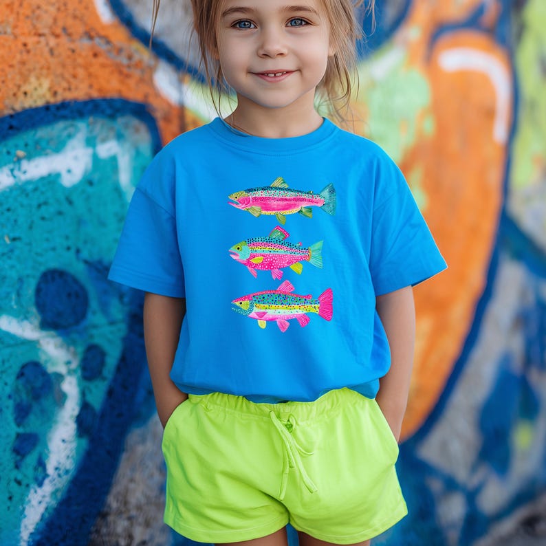 May include: A blue t-shirt featuring three colorful fish designs. The fish have pink, yellow, and green accents. The shirt is paired with bright yellow-green shorts. The background is a colorful graffiti wall.