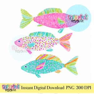 Può includere: Tre illustrazioni di pesci ad acquerello colorati. I pesci sono rosa, turchese e bianchi, con dettagli arancioni, gialli e verdi. L'immagine include il testo "Instant Digital Download PNG 300 DPI".