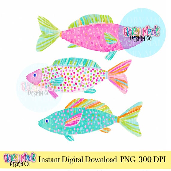 Preppy Fish PNG, Colorful Fish Clipart, Coastal Fish PNG, Beach Fish Clipart, Cute Summer Fish, Three Fish PNG, Girly Ocean Clipart