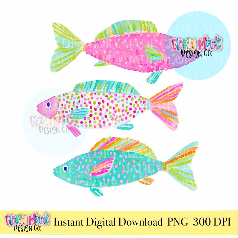 May include: Three colorful watercolor fish illustrations. The fish are in shades of pink, teal, and white, with details in orange, yellow, and green. The image includes the text "Instant Digital Download PNG 300 DPI".