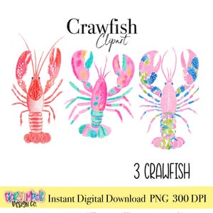 May include: A watercolour illustration of three crawfish in red, pink, and blue. The image includes the text "Crawfish Clipart" and "3 CRAWFISH". The bottom of the image says "Instant Digital Download PNG 300 DPI".