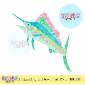 May include: A watercolour illustration of a marlin fish in turquoise, pink, and green. The fish has a long, pointed bill and a large dorsal fin. The image includes the text "Instant Digital Download PNG 300 DPI" and the logo "Glory Made Design Co."