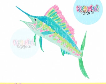 Preppy Sailfish PNG, Coastal Fish Clipart, Watercolor Marlin PNG, Tropical Fishing Art, Beach Shirt Design, Summer Ocean PNG Download