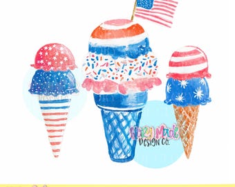 Helado patriótico PNG, trío de helados rojo, blanco y azul, PNG del 4 de julio, imágenes prediseñadas de cono de helado en acuarela, diseño de sublimación de verano