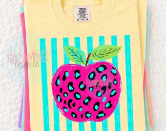 Manzana de profesora pija PNG / Imágenes prediseñadas de manzana para la vuelta al cole / Manzana de profesora pija con leopardo PNG, Manzana rosa con rayas PNG