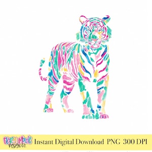 May include: A watercolour illustration of a tiger in a standing pose, set against a white backdrop. The tiger is painted with bright pink, green, blue, and yellow strokes. The image includes the text "Instant Digital Download PNG 300 DPI".