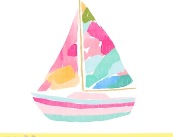Colorful Sailboat PNG, Beach Boat Clipart, Summer Nautical PNG, Hand Painted Boat Design, Coastal Graphic for Shirts & Sublimation