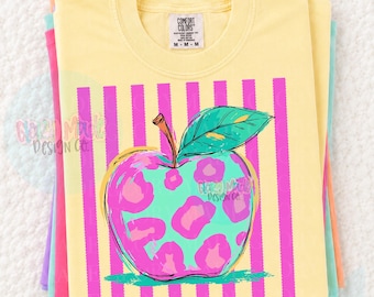 Manzana de profesora preppy PNG, Manzana leopardo PNG, Vuelta al cole PNG, Diseño de camiseta para profesora, Sublimación retro para profesora, Regalo de agradecimiento para profesora