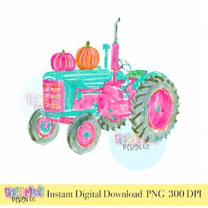 May include: A watercolor illustration of a tractor in shades of teal and bright pink, featuring two pumpkins in orange and pink resting on the hood. The tractor has large treaded tires and a vertical exhaust pipe, with the text Glory Made Design Co.