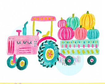 Tractor de huerto de calabazas PNG, imágenes prediseñadas de otoño, tractor de otoño en acuarela, lindo gráfico de carro de cosecha, descarga instantánea