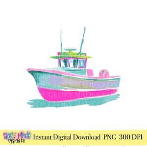 May include: A watercolour painting of a fishing boat in pink, teal, and green. The boat features a cabin and antennas, set against a white backdrop. The image includes the text "Instant Digital Download PNG 300 DPI".