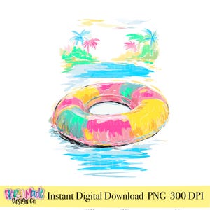 Op de afbeelding: Een kleurrijke, artistieke illustratie van een strandscène met een felgekleurde opblaasbare ring die in het water drijft. De ring heeft roze, gele en turquoise penseelstreken. De achtergrond toont een tropisch eiland met palmbomen. De tekst "Instant Digital Download PNG 300 DPI" is inbegrepen.