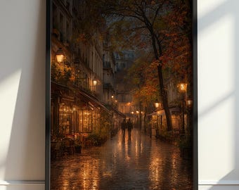 Romantic Rainy Street Wall Art, Cozy Evening City Lights, European Decor, Paris Street Scene