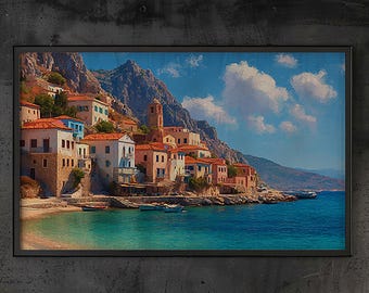Mediterranean Coastal Village Wall Art, Seaside Landscape, European Travel Decor, Greek Beach Resort Print