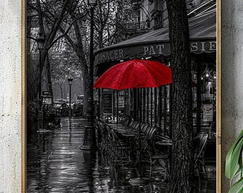 Red Umbrella Wall Art, Black and White Street, Paris Inspired Decor, French Café Print