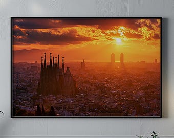 Barcelona Sunset Skyline Wall Art, Basilica Sagrada Familia, Mediterranean Travel Decor