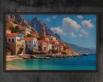 Mediterranean Coastal Village Wall Art, Seaside Landscape, European Travel Decor, Greek Beach Resort Print