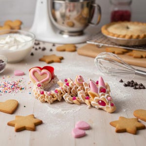 May include: A dragon-shaped biscuit decorated with white icing, pink accents, and small red gems. The biscuit features a long, segmented body and a detailed head. It is surrounded by various star and heart-shaped biscuits, sprinkles, and a whisk.