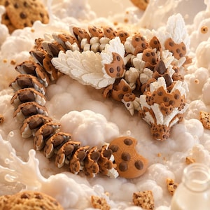 May include: A dragon-shaped sculpture constructed from chocolate chip cookies and white cream, featuring layered cookie scales, white feathered wings, and a long tail, surrounded by splashes of white milk and scattered cookie pieces.