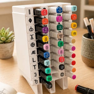 Può includere: Un organizer da scrivania in plastica bianca contenente diversi pennarelli a doppia punta in vari colori. L'organizer presenta una colonna verticale di etichette quadrate bianche con simboli e lettere neri, mentre i pennarelli sono disposti in file con tappi colorati ed etichette numeriche visibili.