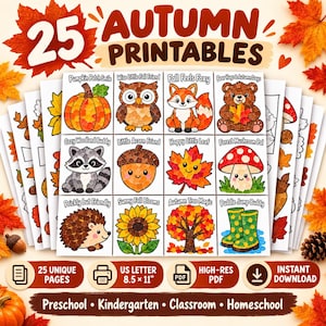 Könnte beinhalten: Eine Sammlung von 25 herbstlichen, ausdruckbaren Aktivitätsseiten mit Illustrationen von Kürbis, Eule, Fuchs, Bär, Waschbär, Eichel, Blatt, Pilz, Igel, Sonnenblume, Baum und Gummistiefeln mit dem Text 25 AUTUMN PRINTABLES und US LETTER 8.5 x 11".