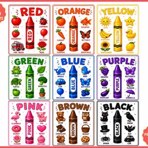 Puede incluir: Un conjunto de 11 pósteres educativos de colores con una ilustración central de un crayón para cada color, incluyendo rojo, naranja, amarillo, verde, azul, morado, rosa, marrón y negro. Cada póster muestra varios objetos de ese color.