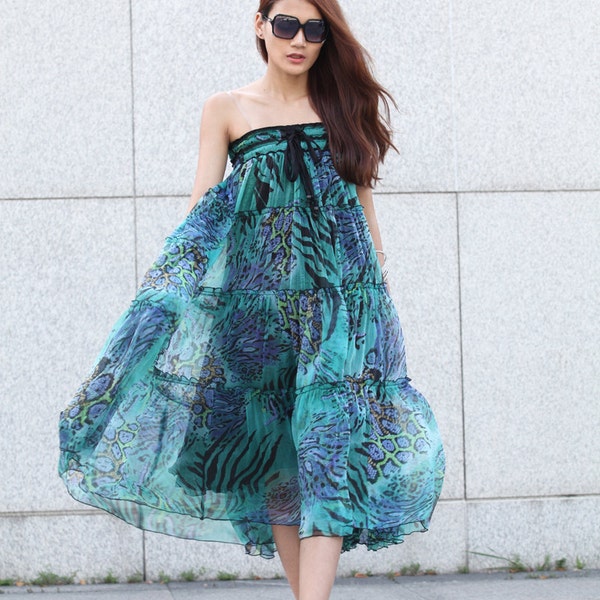 ON SALE Green Chiffon Skirt Print Chiffon Long Maxi Skirt Chiffon Dress - NC366