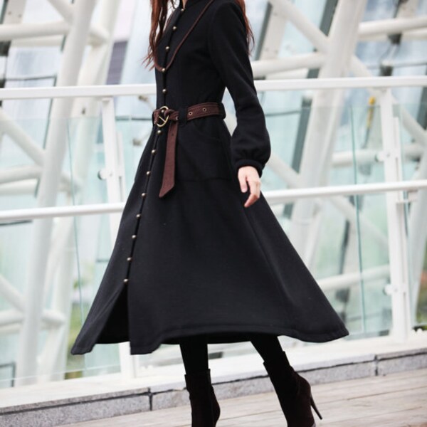 Winter Coat Black Coat Long Wool Coat Winter Jacket Long Sleeve Cashmere Coat / Fast Shipping- NC202