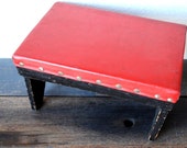 Industrial Stool Table, Red Brass Rivet Top Black Painted, Rustic Mid Modern Decor Display