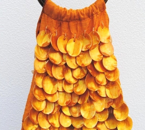 Vintage Purse Bag, Mod Orange Seashell Beaded Wood