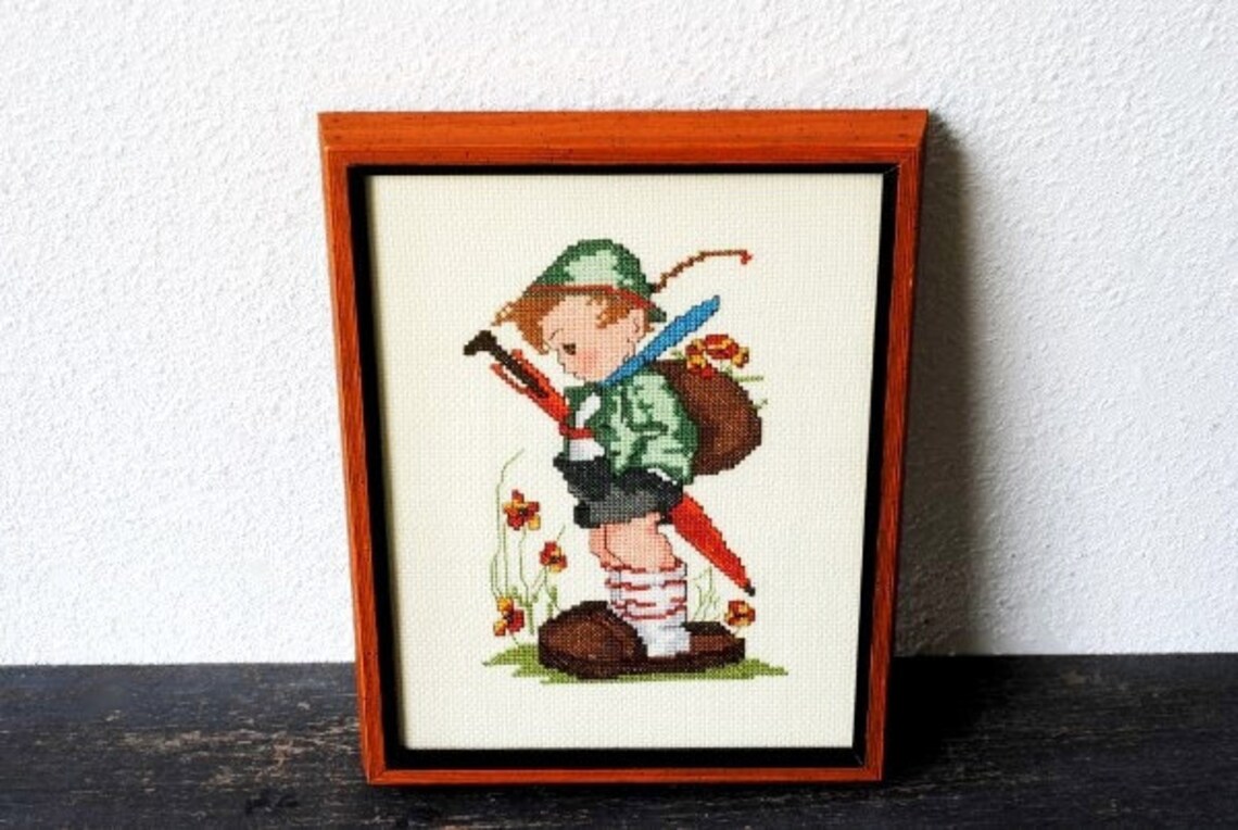 Vintage Hummel Needlepoint Framed Cross Stitch Little Boy Etsy