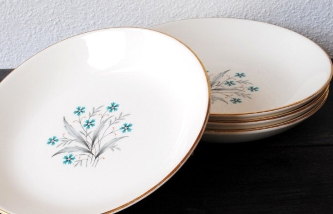 Vintage Teal & Pink Star Flower China Bowls 1950s Gold Trim Etsy