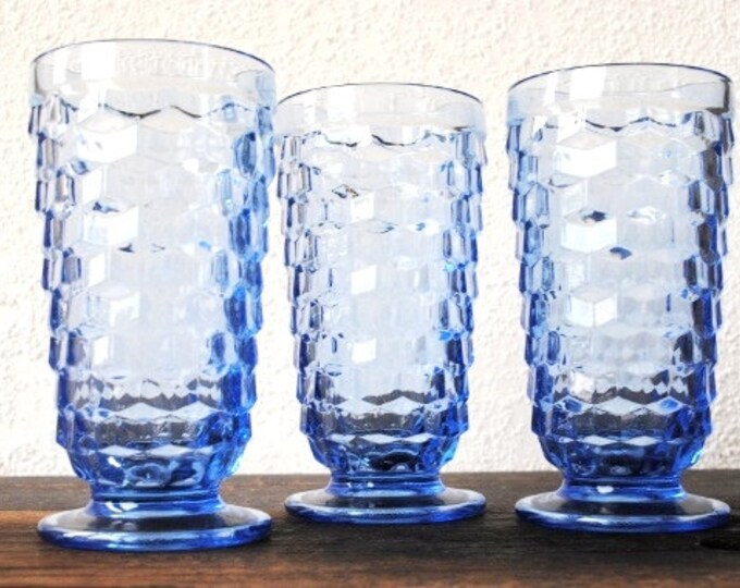 Vintage Blue Drink Glasses Cube Footed Ice Tea Glass Set Etsy