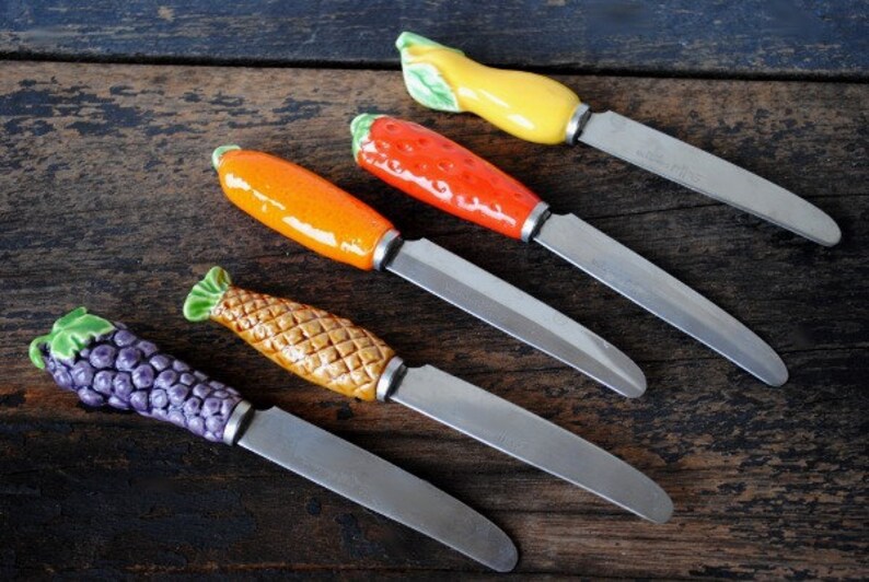 Vintage Cheese Knife Spreader Snack Set Unique Ceramic Fruit Etsy