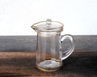 Depression Glass Covered Syrup Pitcher, Ribbed Gold Trim Elegant Antique Glassware Creamer