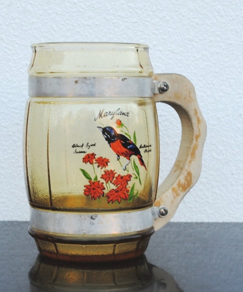 Vintage Maryland Souvenir Yellow Glass Mug Baltimore Oriole Bird /& Black Eyed Susan Red Flowers Wood Handle