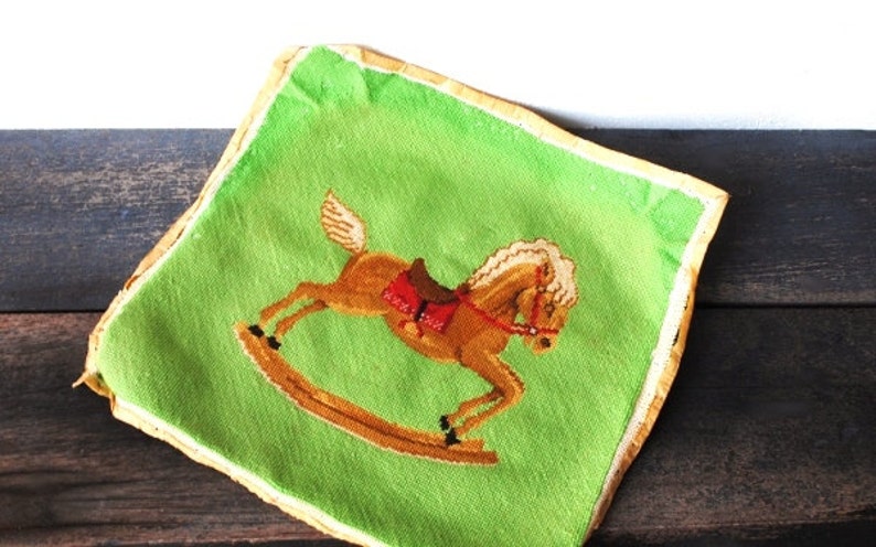 Pillow Sham Wall Art to Frame Vintage Needlepoint Rocking Horse Colorful Cross Stitch Sewing Supply