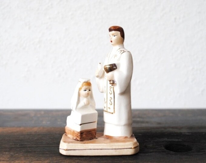 Vintage Religious Figurine Statue, Catholic Priest & Child Collectible Holy First Communion Cake