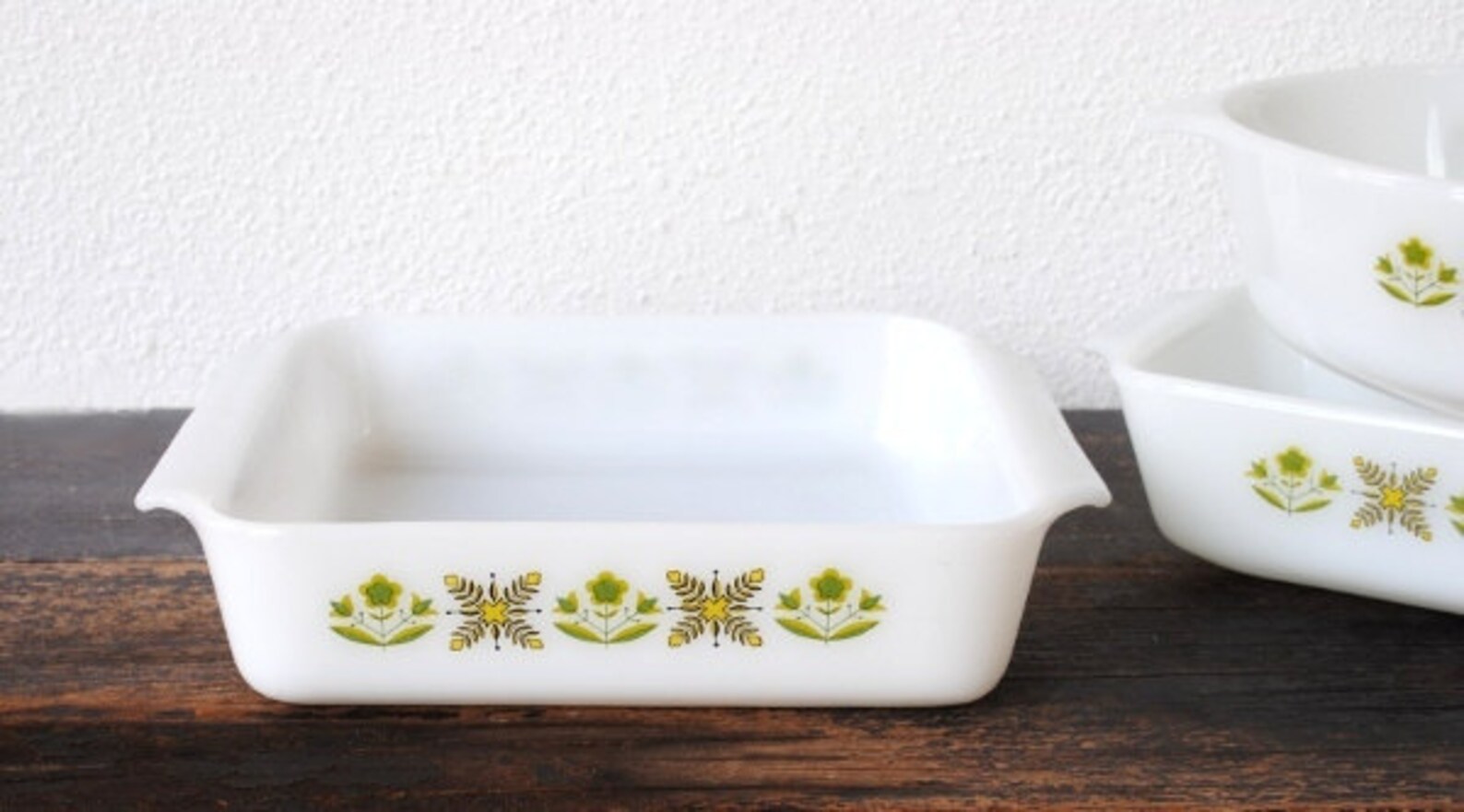 Fire King Bakeware Set Green Yellow Flower Baking Dish Set Etsy