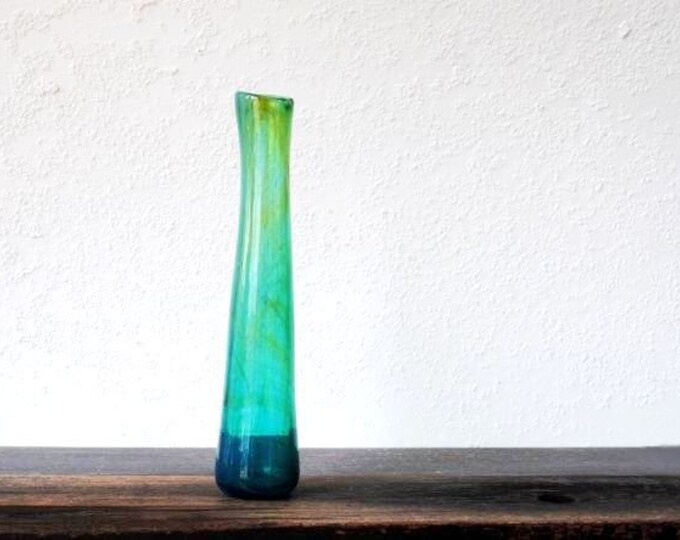 Mid Modern Art Glass Vase, Turquoise Blue Chartreuse Retro Decor