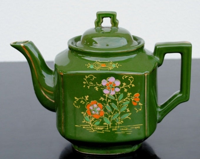 Vintage Redware Japan Teapot Hand Painted Green With Pink Etsy