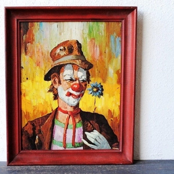 Vintage Abstract Art Lithograph Painting, Clown with Flower Framed 1967 Signed Werner Museum, 11x14