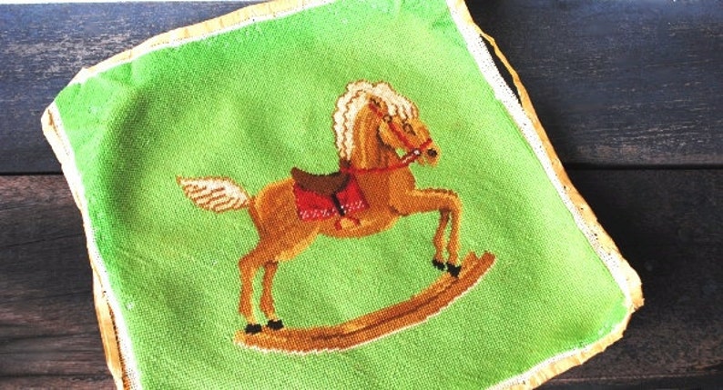 Pillow Sham Wall Art to Frame Vintage Needlepoint Rocking Horse Colorful Cross Stitch Sewing Supply