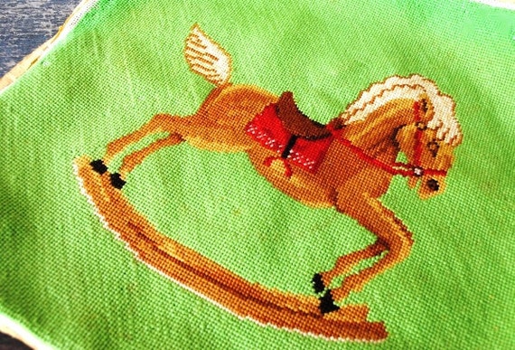 Pillow Sham Wall Art to Frame Vintage Needlepoint Rocking Horse Colorful Cross Stitch Sewing Supply
