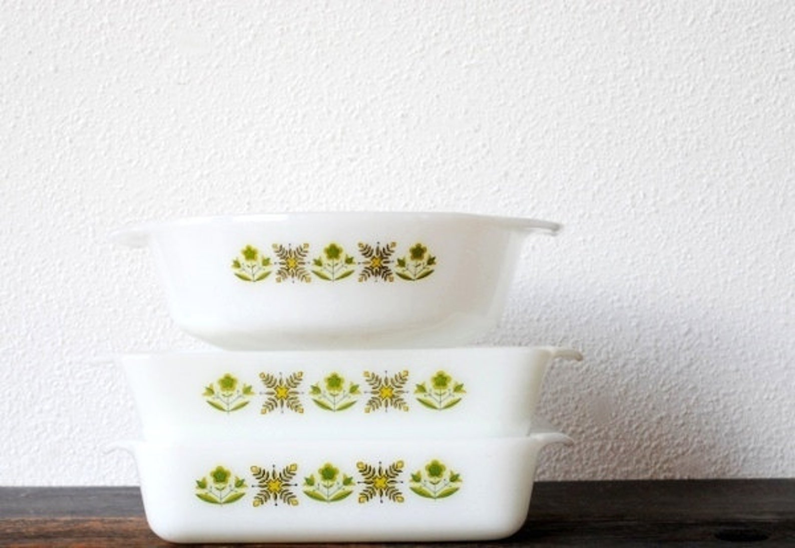 Fire King Bakeware Set Green Yellow Flower Baking Dish Set Etsy